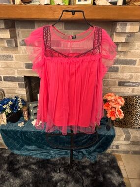 SHEIN Curve Pink Sheer Ruffle Top